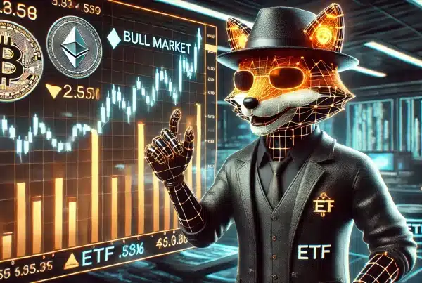 Illustration of a cryptocurrency Exchange-Traded Fund (ETF) graph with Bitcoin and Ethereum icons, symbolizing growth and adoption during a bull market.