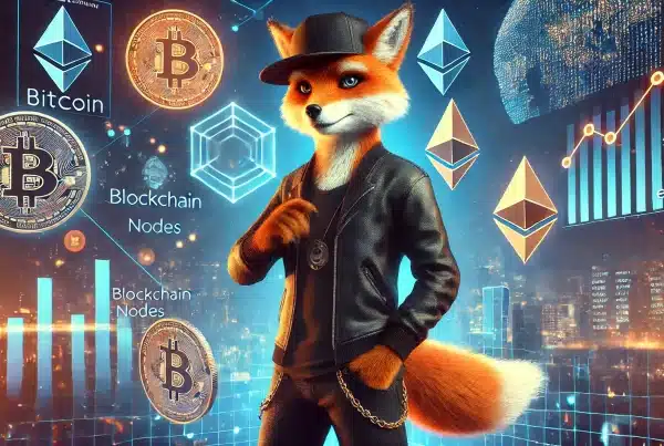 Futuristic 3D-rendered fox-man in a black hat, jacket, and pants, standing in front of a glowing digital chart with cryptocurrency symbols like Bitcoin and Ethereum. The cyberpunk-inspired background features a high-tech cityscape with neon blue and orange lighting, symbolizing blockchain technology and the future of digital finance.