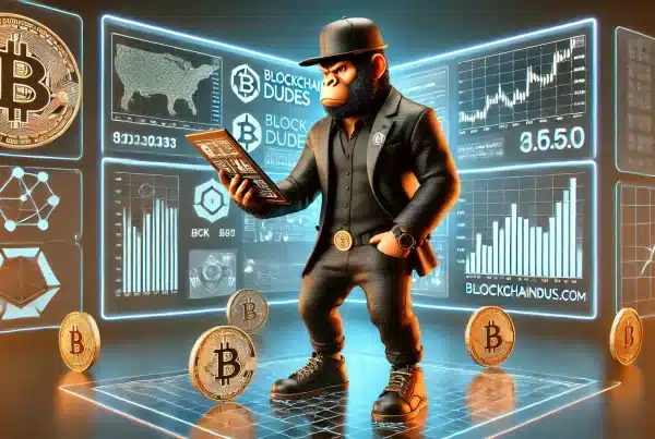 A 3D-rendered gorilla-man with an orange hue, dressed in a black hat, black jacket, and black pants, analyzing digital cryptocurrency data. The scene reflects a blockchain-themed concept, aligning with the topic of crypto trading.